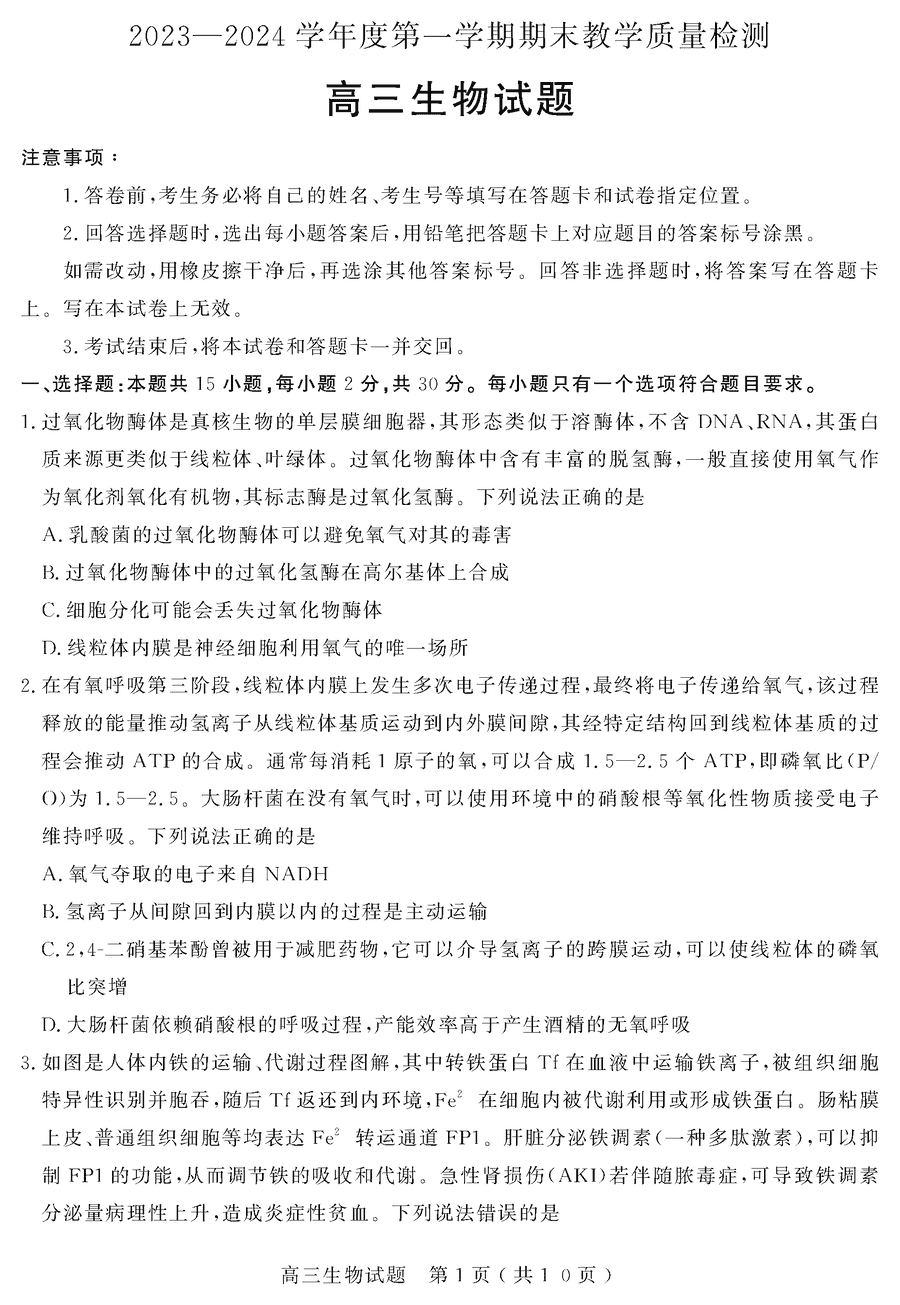 2024届山东聊城高三上学期期末生物试卷及参考答案