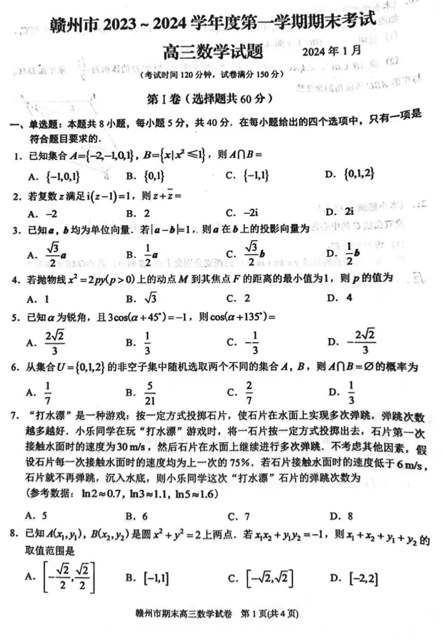 江西赣州2024届高三上学期期末数学试卷及参考答案