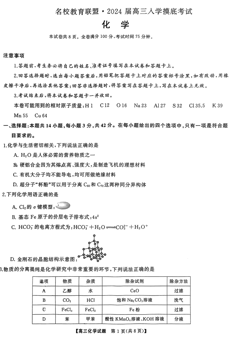 湖南天壹联盟三湘名校2024届高三下入学摸底考化学试卷及参考答案