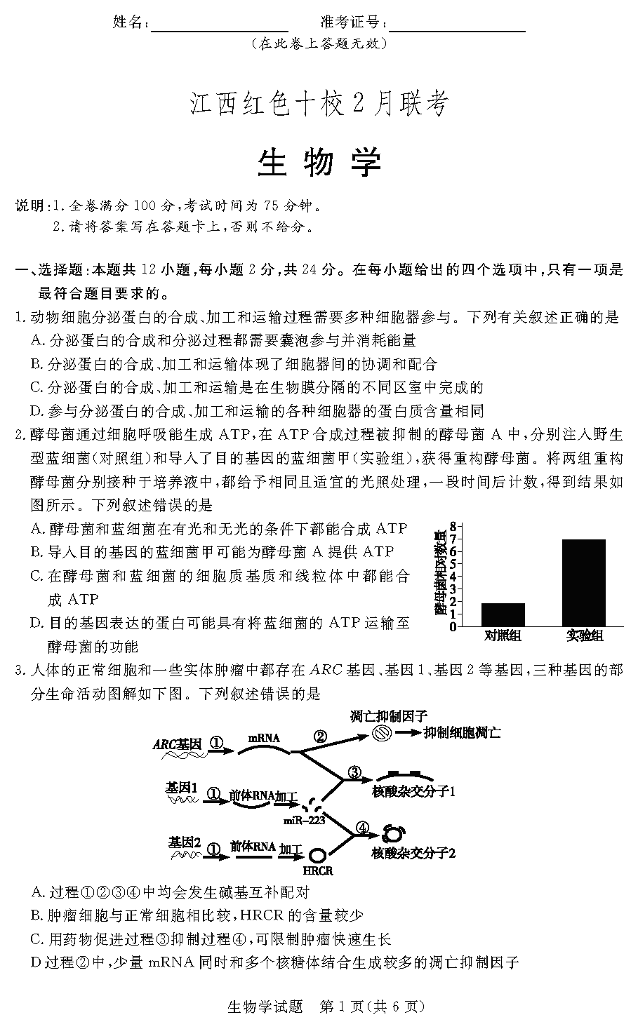 江西红色十校2024届高三下2月联考生物试卷及参考答案