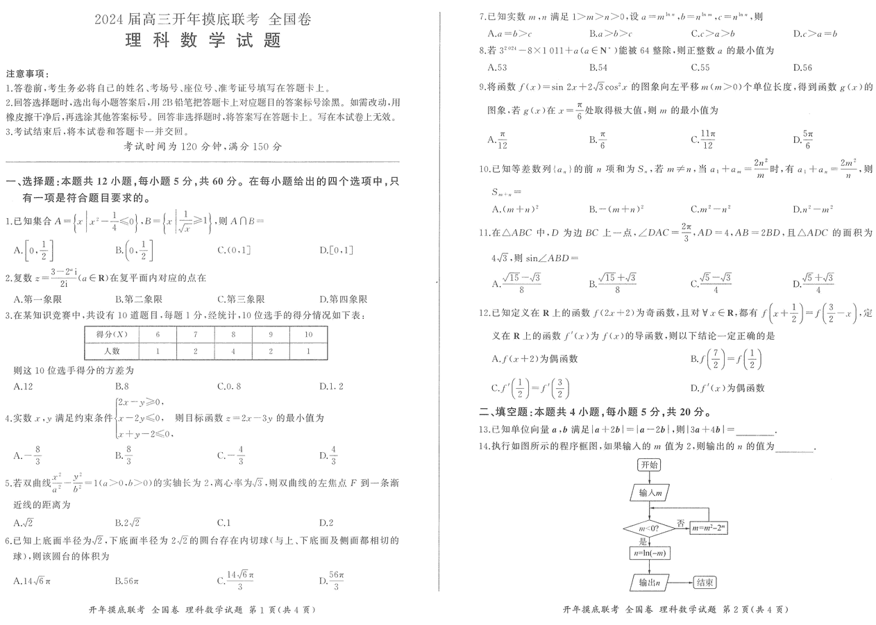 百师联盟2024届高三下开年摸底联考(全国卷)理数试卷及参考答案