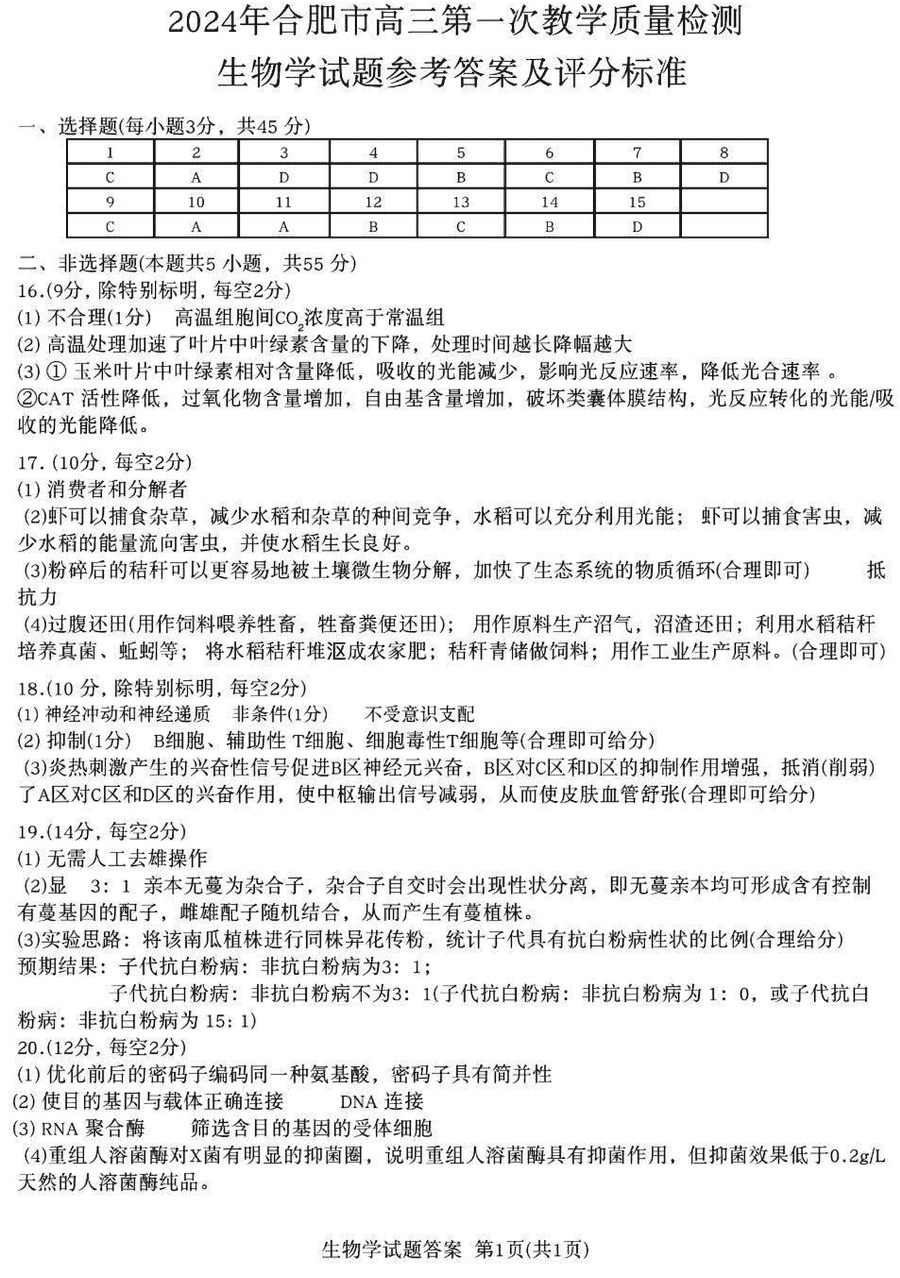 2024年安徽合肥高三一模生物试卷及参考答案