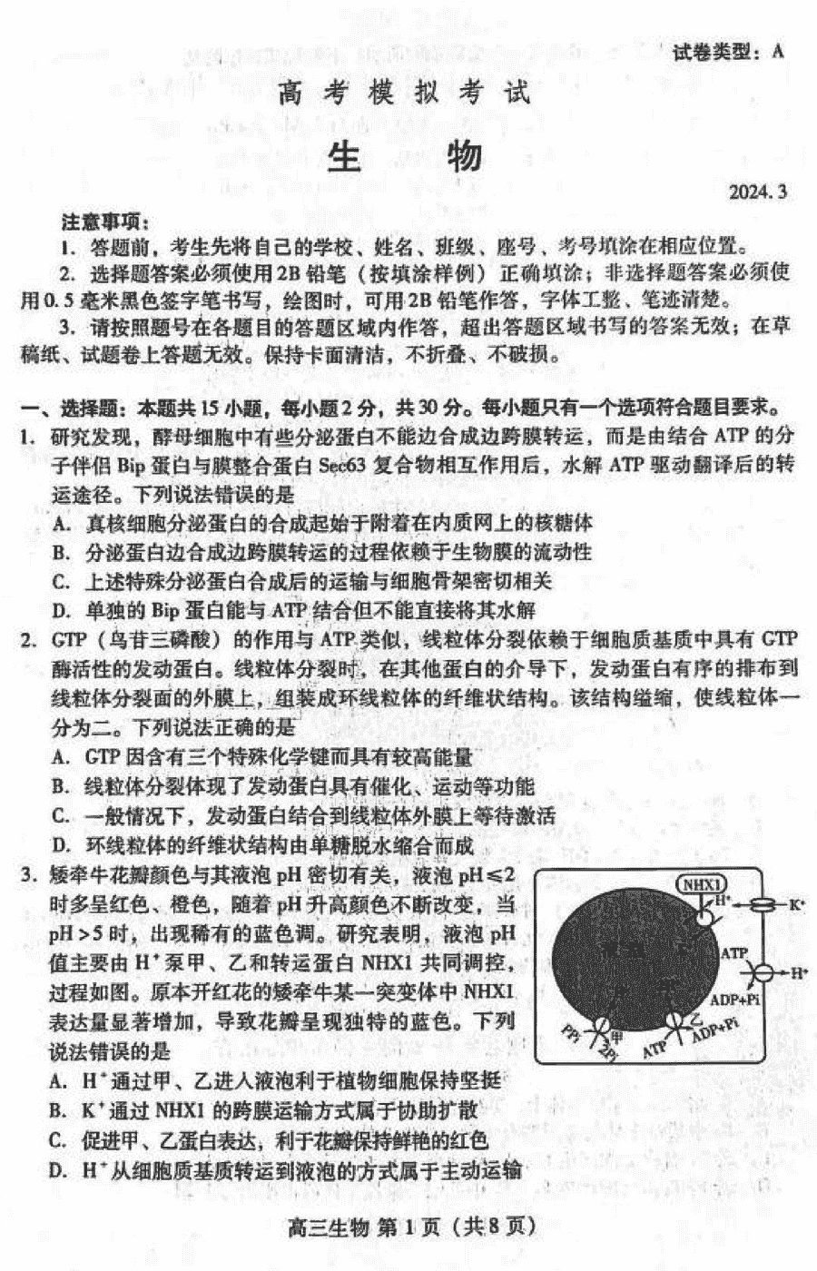 2024年潍坊、滨州高三一模生物试卷及参考答案