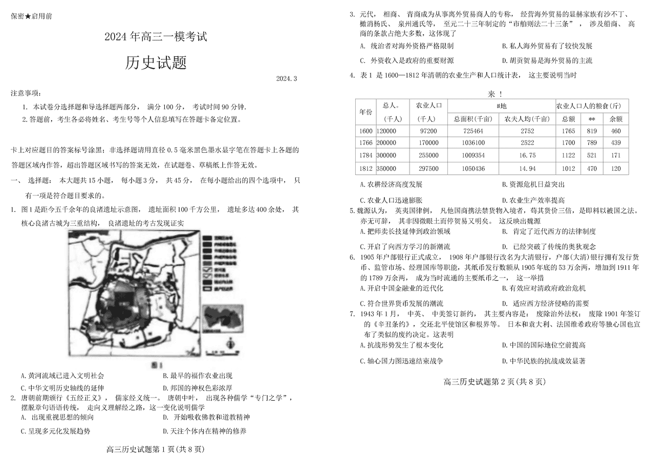 2024年菏泽高三一模历史试卷及参考答案