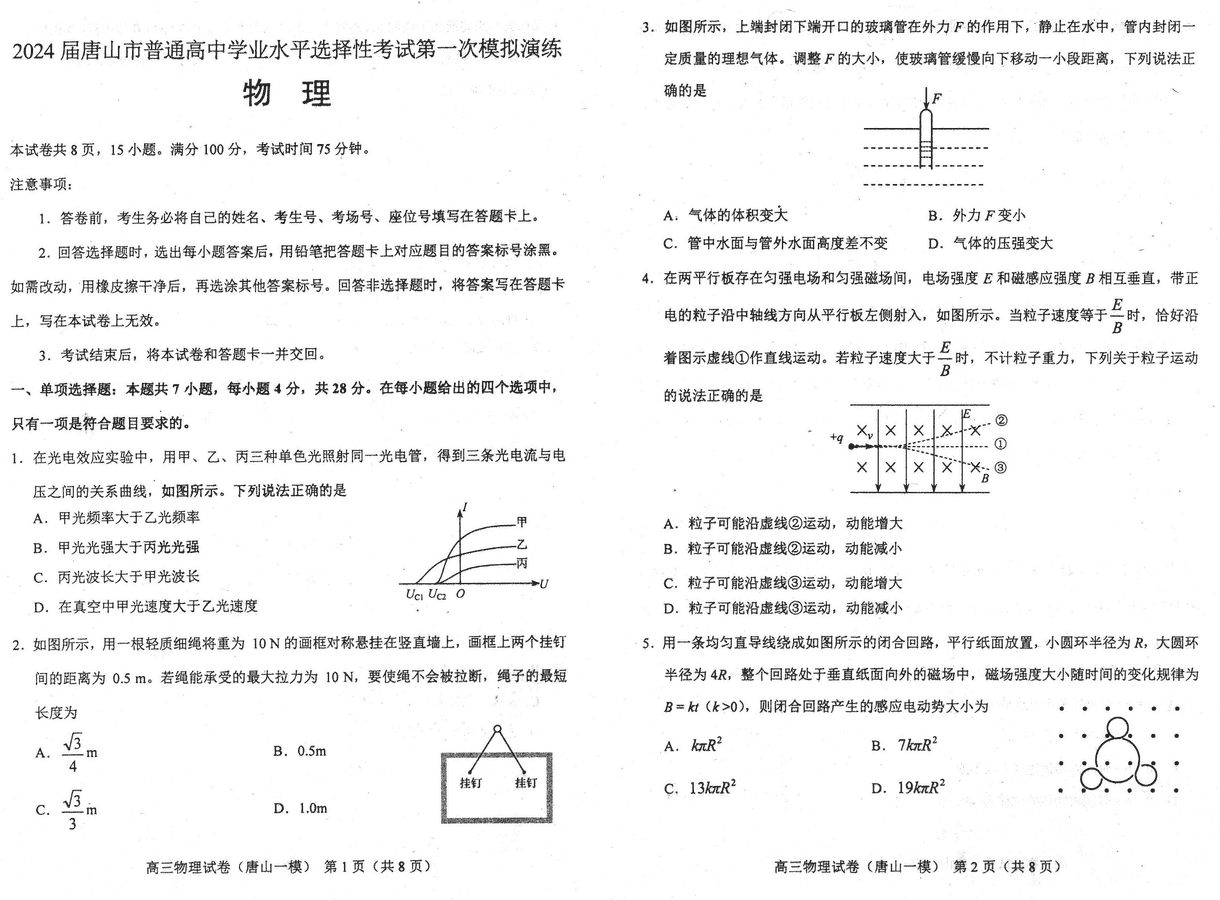 2024届唐山高三一模物理试卷及参考答案