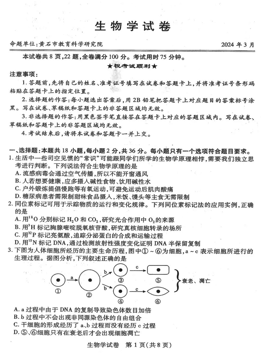 2024年湖北八市高三3月联考生物试卷及参考答案