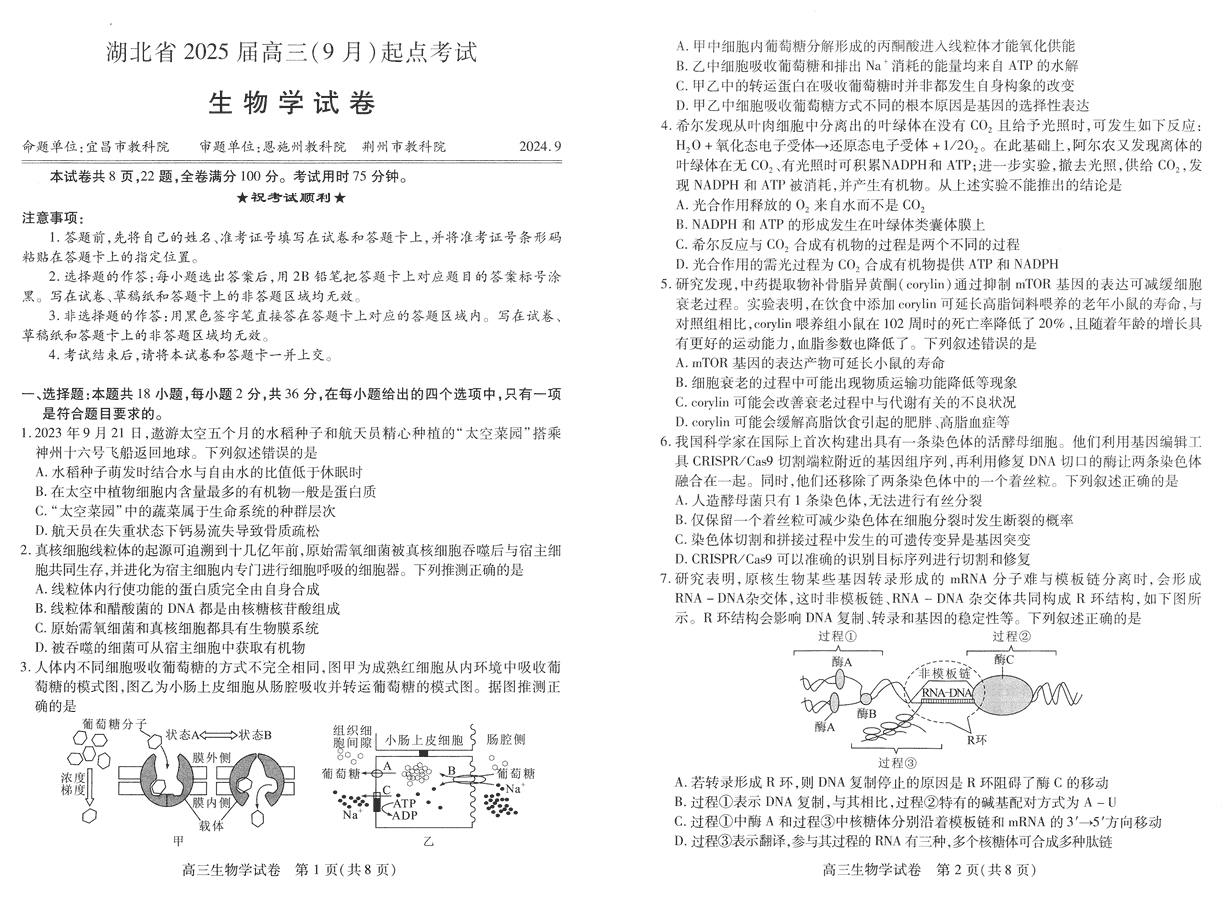 湖北省宜荆荆恩2025届高三9月起点考生物试卷及参考答案