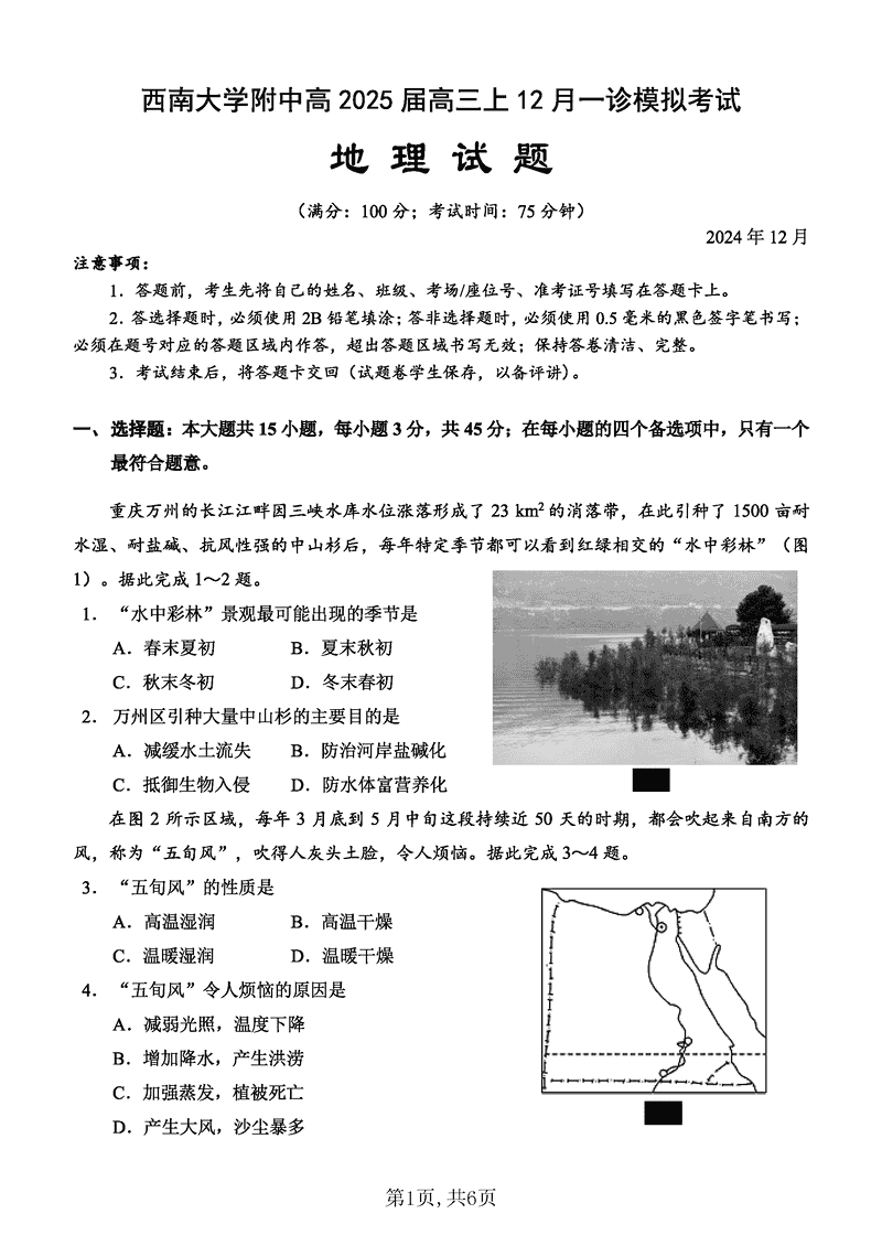 重庆西南大学附中2025届高三12月一诊模拟地理试卷及参考答案