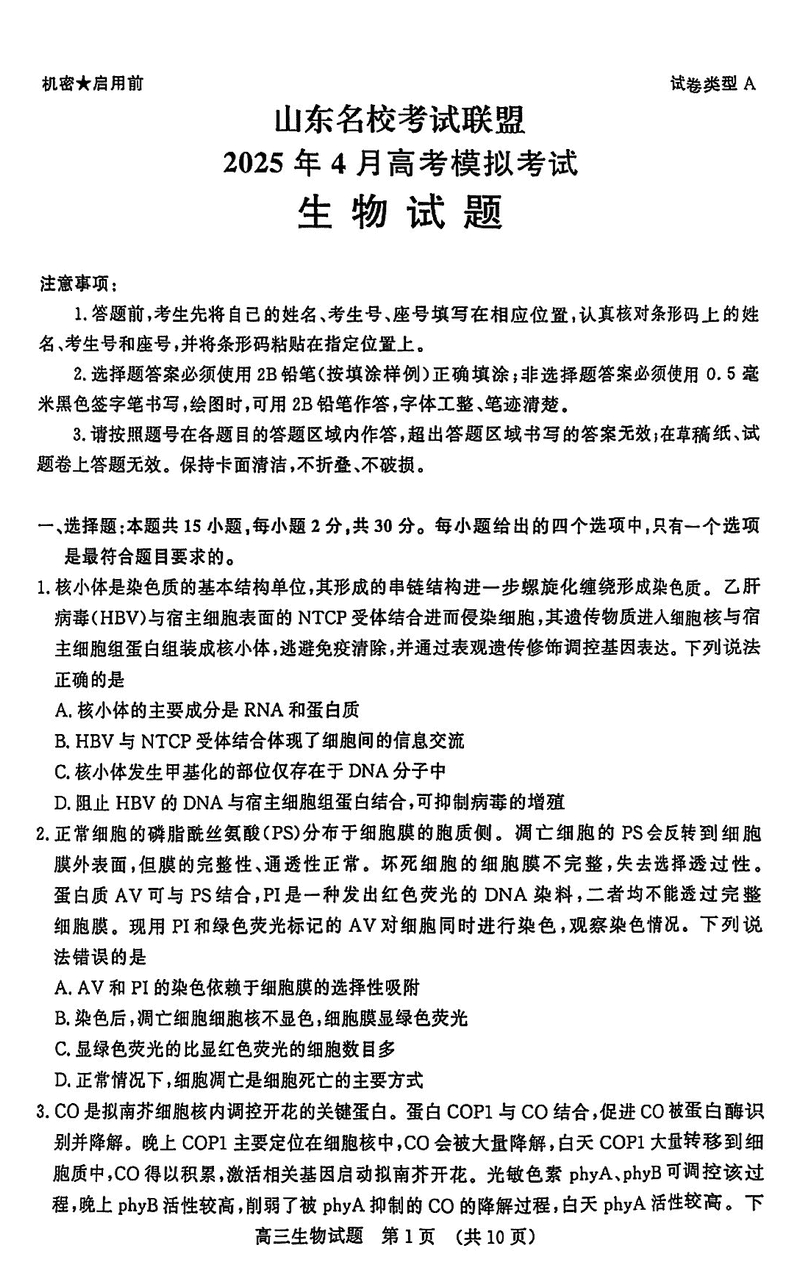 山东名校考试联盟2025年高三4月模考生物试卷及参考答案